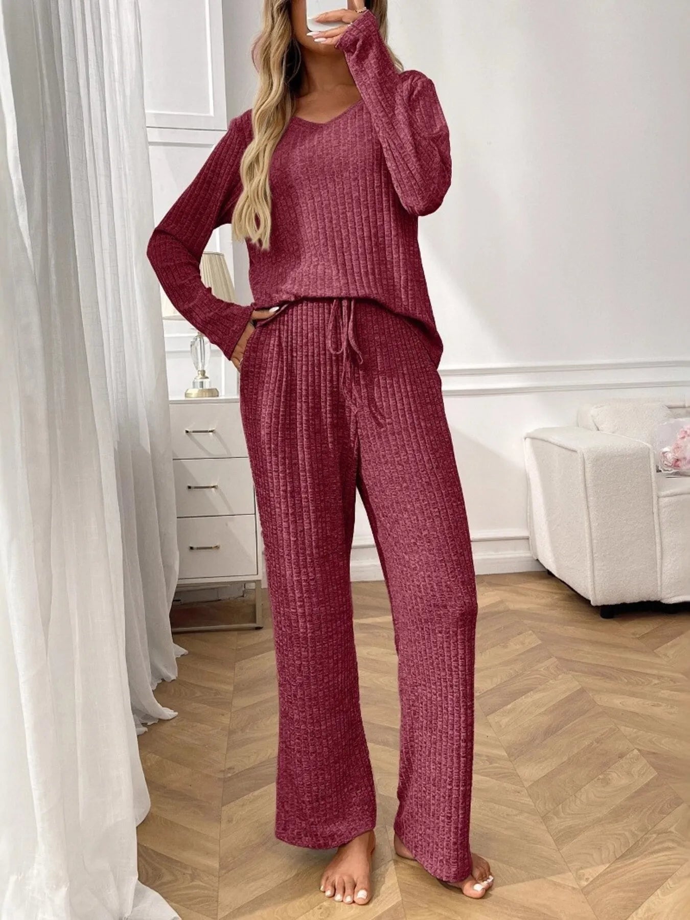 Ribbed Long Sleeve Top and Pants Lounge Set -