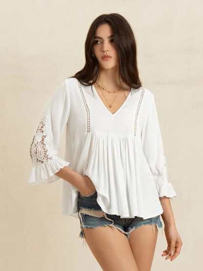 V-Neck Lace Flounce Sleeve Top - White