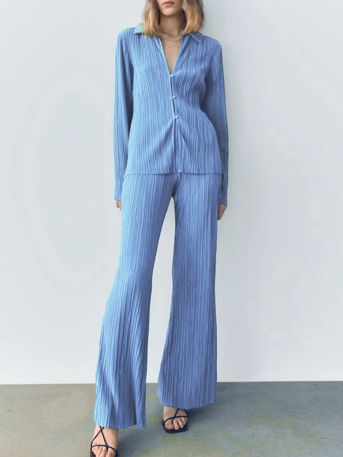 Texture Long Sleeve Top and Pants Lounge Set - Blue