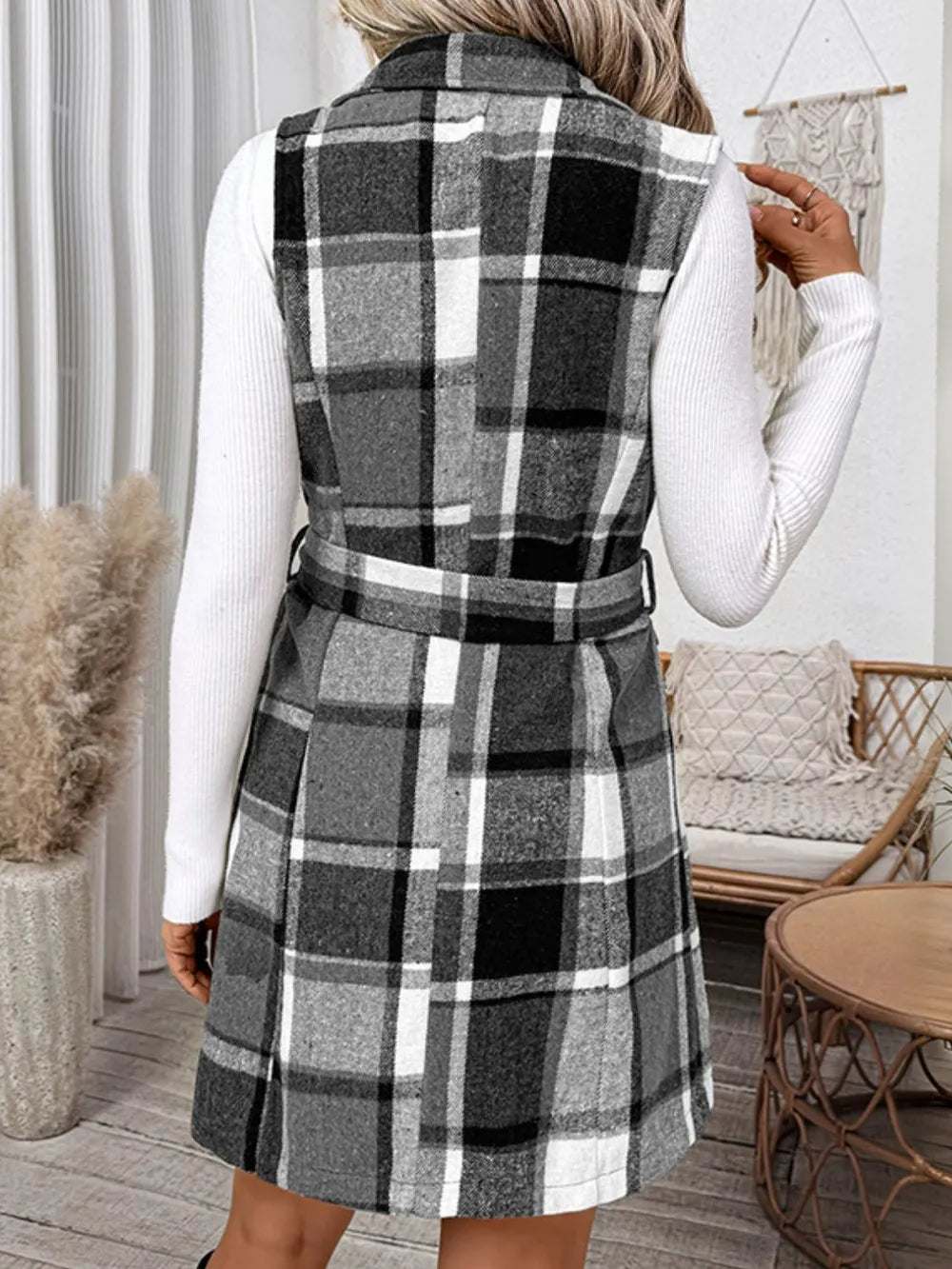 Tied Plaid Vest Coat - Dark Gray
