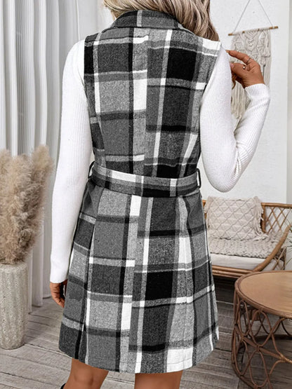 Tied Plaid Vest Coat - Dark Gray