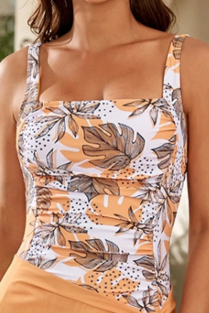Printed Square Neck Wide Strap One-Piece Swimwear -