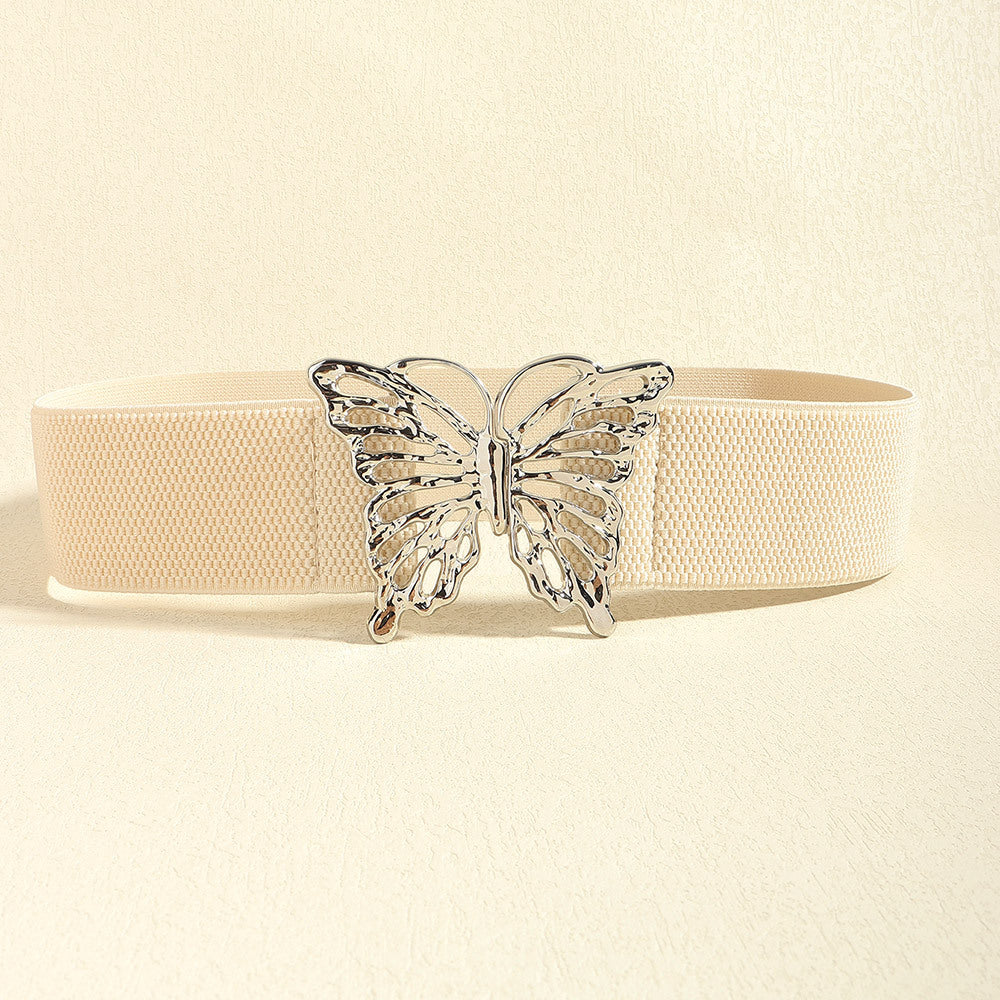 Butterfly Alloy Buckle Elastic Belt - Light Yellow One Size