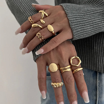 10-Piece Alloy Geometric Ring - Gold One Size