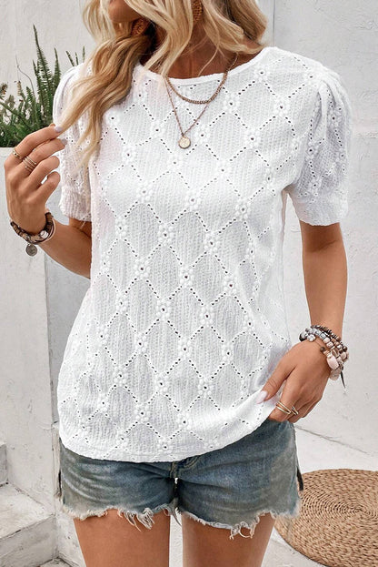 Eyelet Round Neck Short Sleeve Blouse