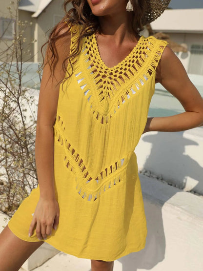 Crochet Detail Beach Cover Up Dress - Yellow One Size