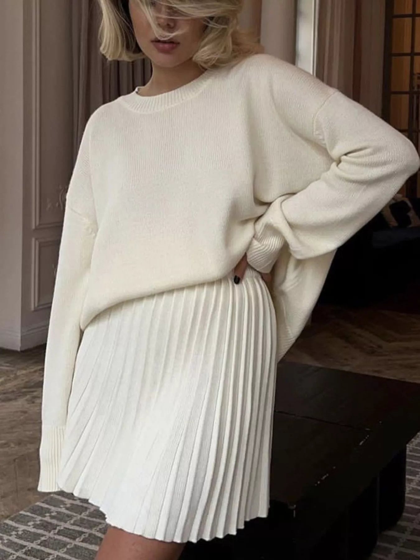 Round Neck Top and Pleated Skirt Sweater Set -