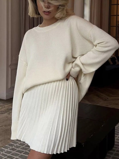 Round Neck Top and Pleated Skirt Sweater Set -