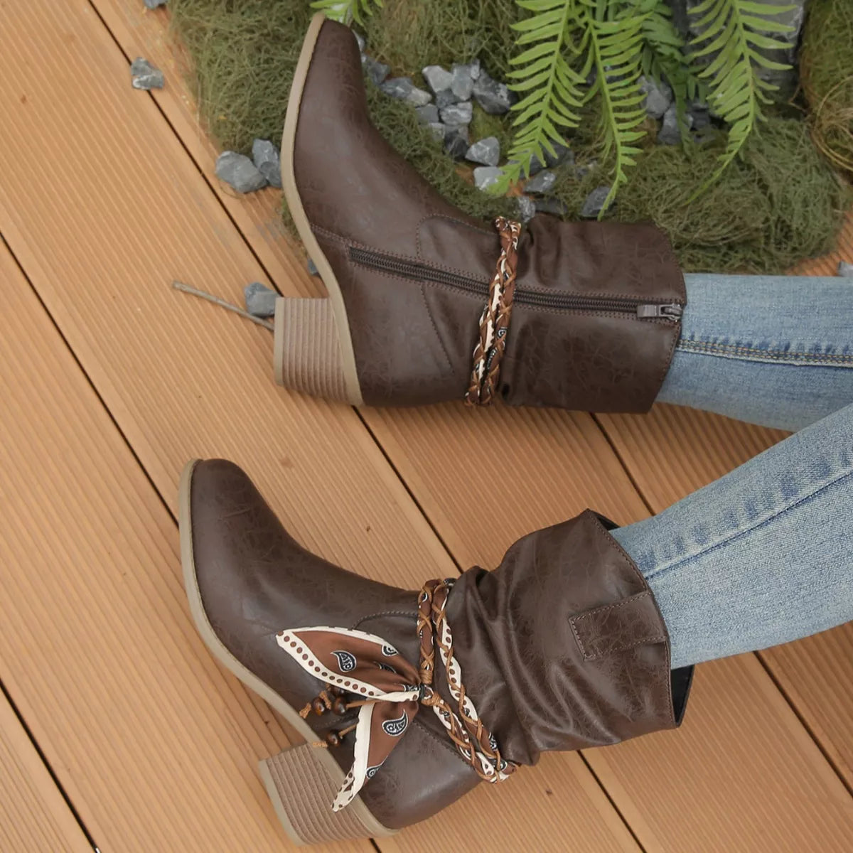Braided Detail Western Boots - Brown
