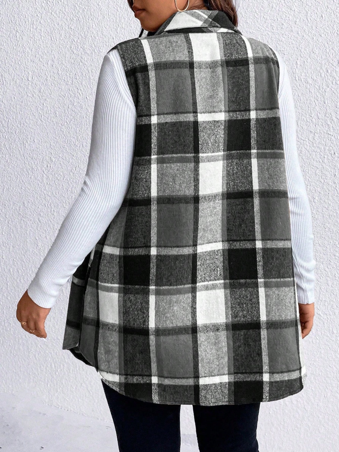 Plus Size Pocketed Plaid Button Up Vest Coat - Black