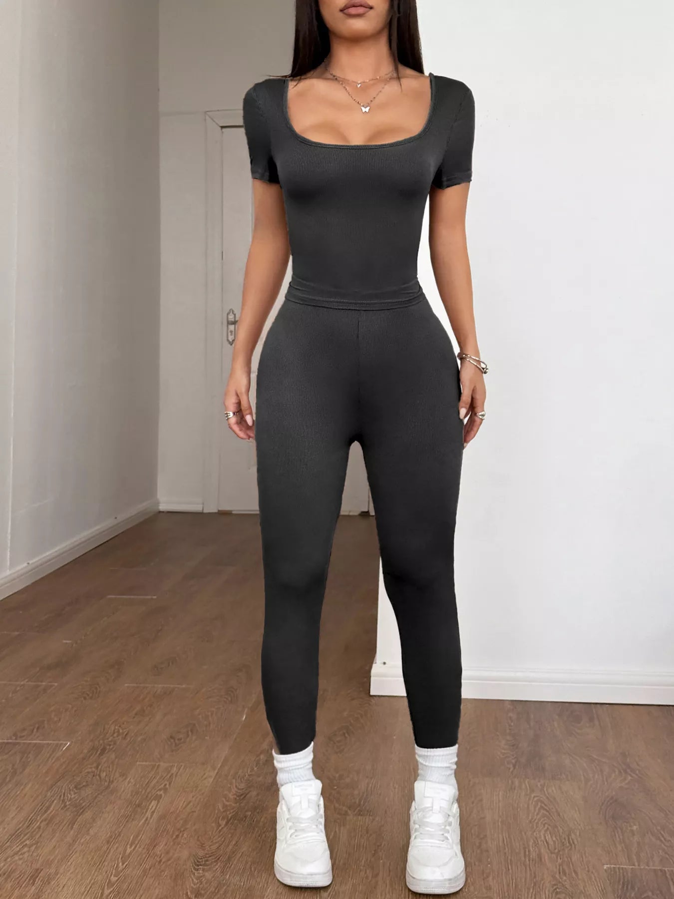 Short Sleeve Top and Leggings Set - Black