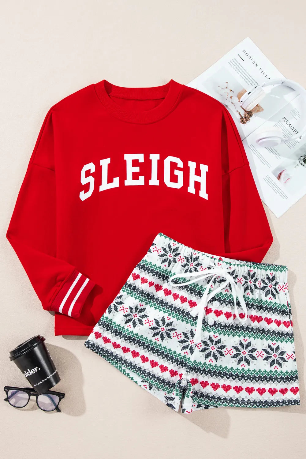 Letter Graphic Top and Printed Shorts Lounge Set -