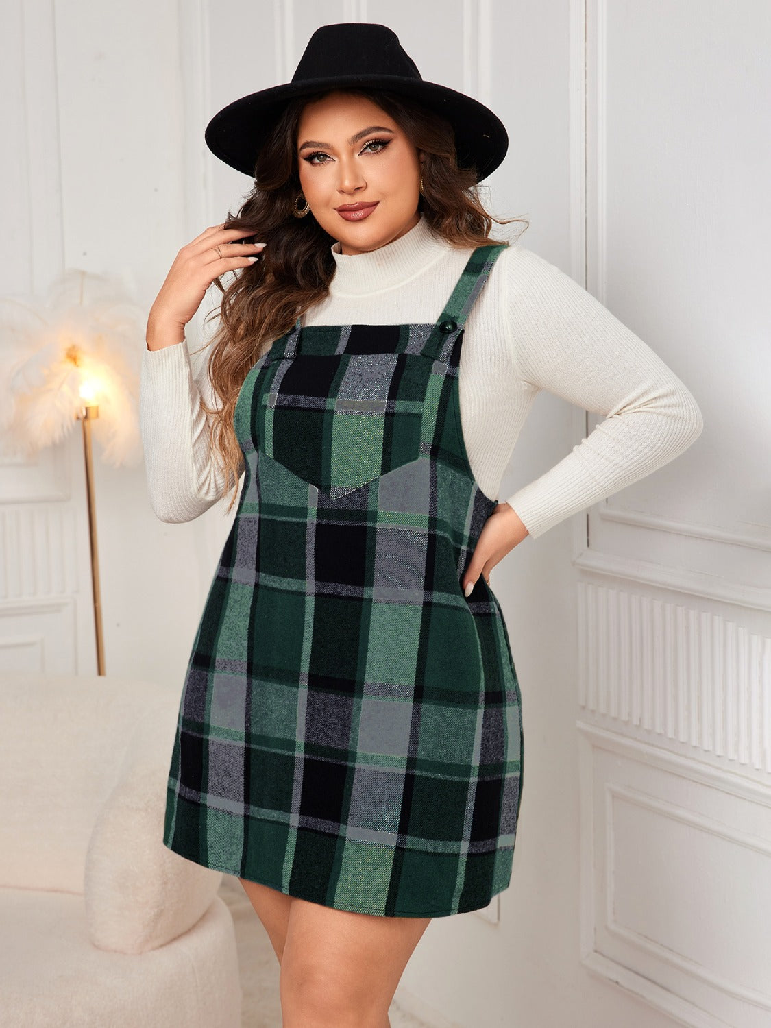 Plus Size Plaid Wide Strap Overall Dress - Dark Green