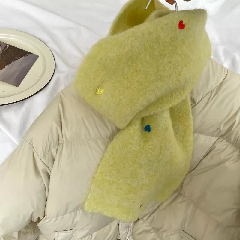 Heart-Embellished Fuzzy Knit Scarf - Yellow One Size