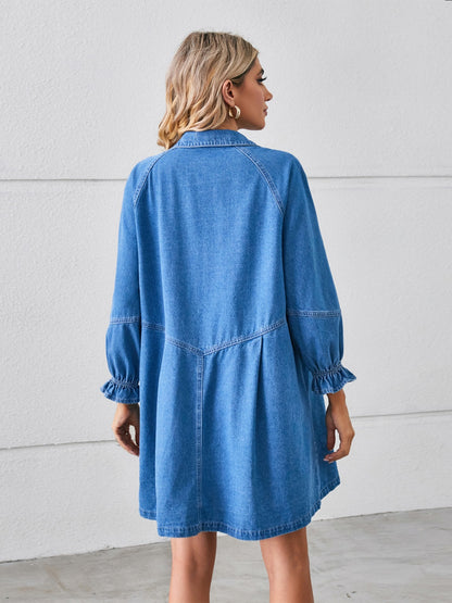 Button Up Flounce Sleeve Mini Denim Dress | AdoreStarr