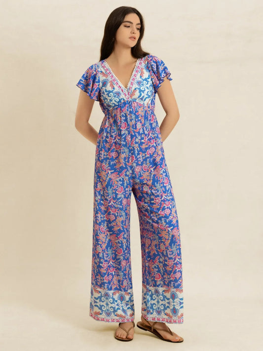 Printed V-Neck Wide Leg Jumpsuit - Blue Purple