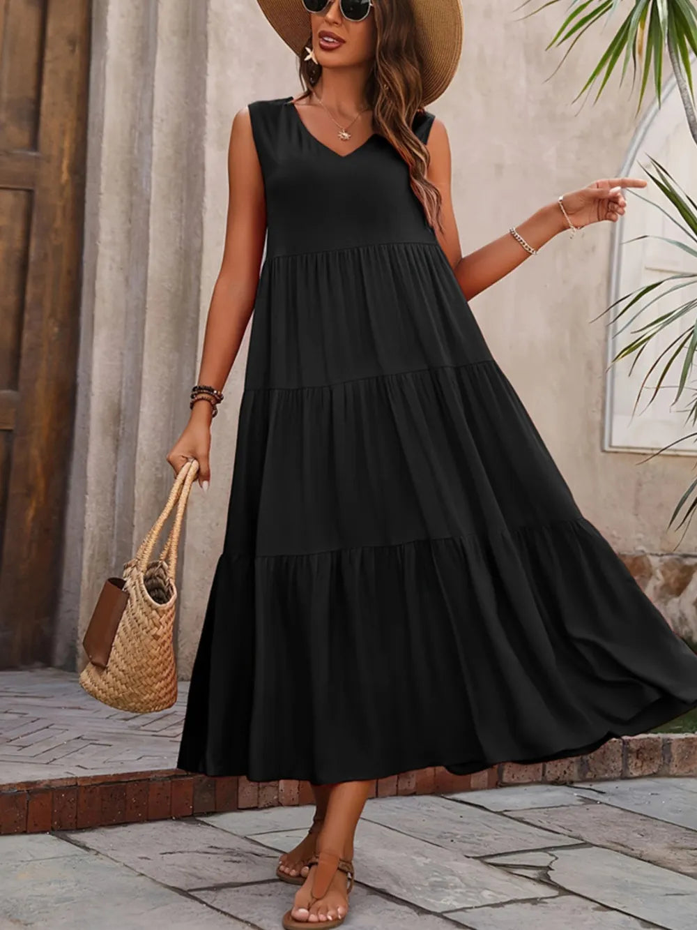 Tiered V-Neck Sleeveless Dress -