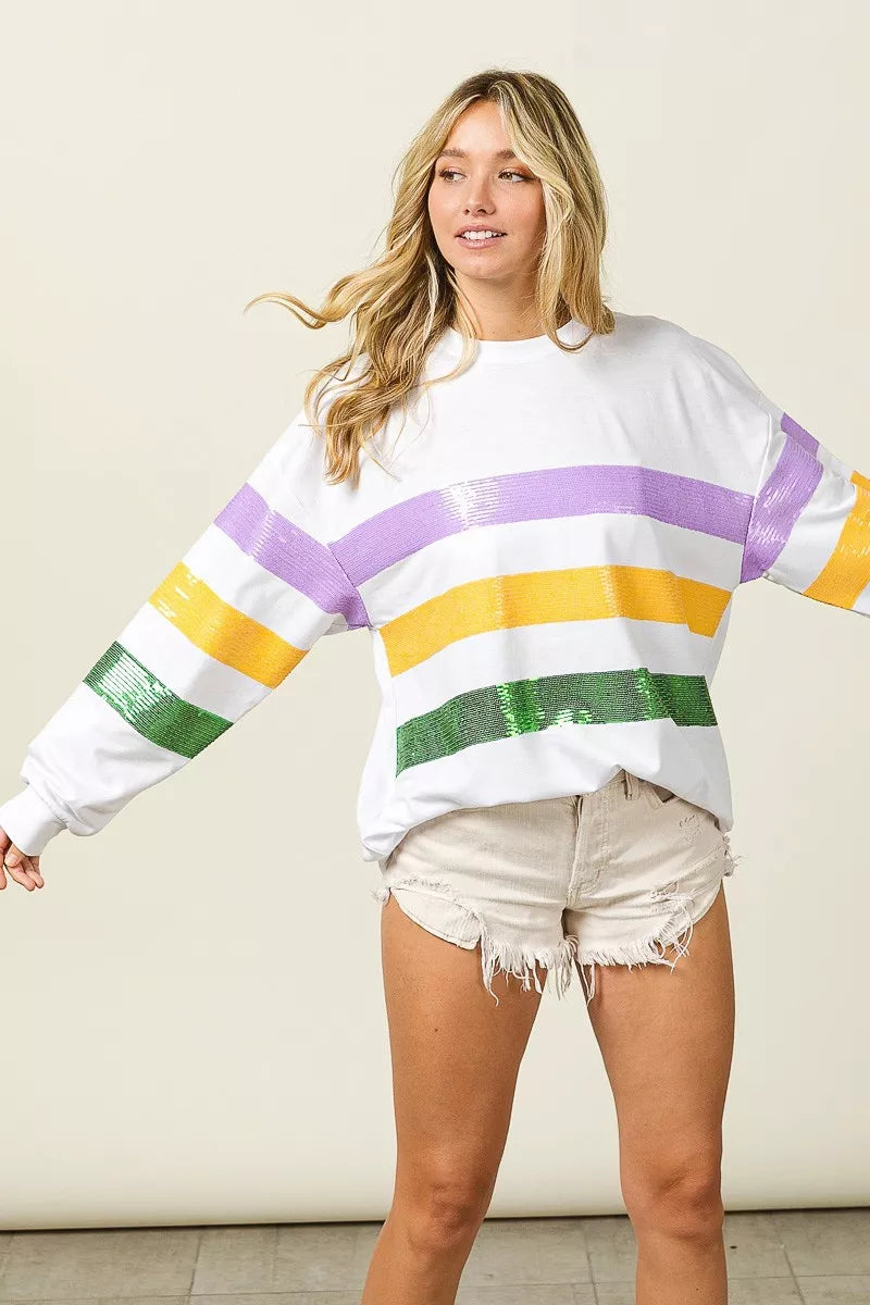 Sequin Mardi Gras Striped Round Neck Sweatshirt -