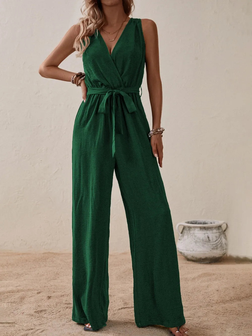 Honey Tied Surplice Wide Leg Jumpsuit - Dark Green