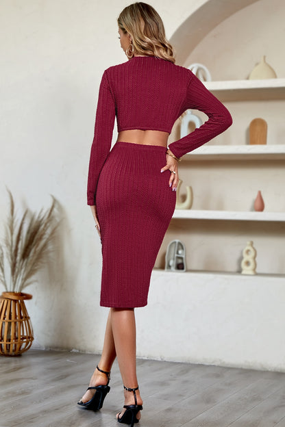 Cutout Crisscross Round Neck Long Sleeve Dress - Wine