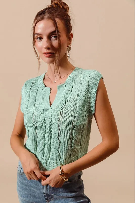 Notched Neck Cable Knit Sweater Vest - Dusty Sage