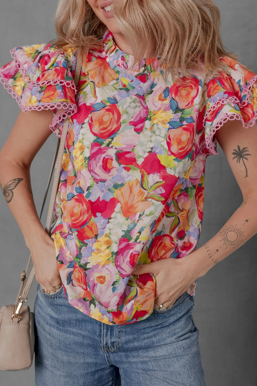 Lace Trim Ruffle Cap Sleeve Floral Blouse - Multicolor