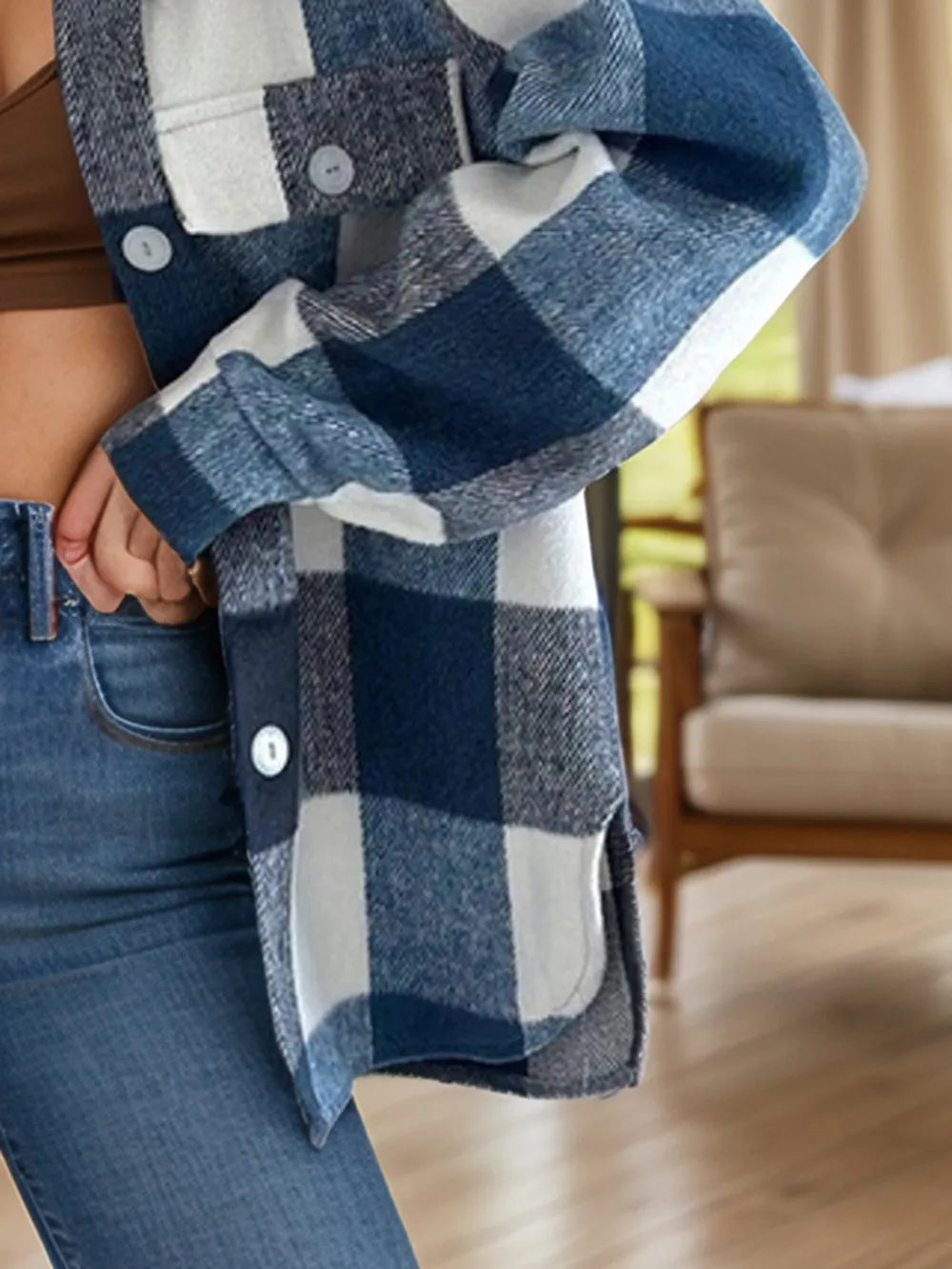 Plaid Button Up Long Sleeve Shacket - Peacock Blue