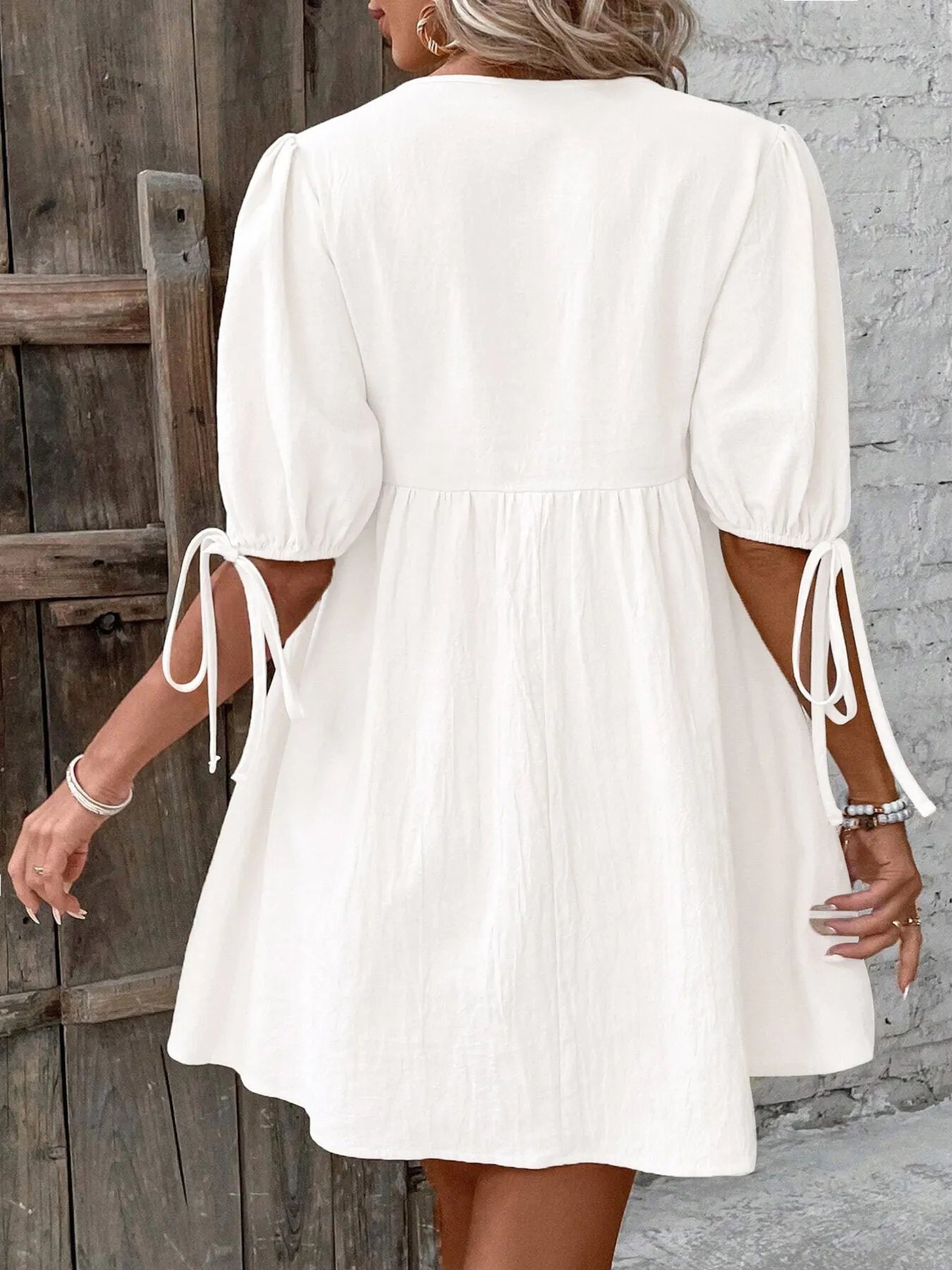 V-Neck Puff Sleeves Mini Dress -