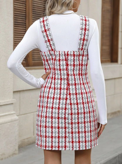 Plaid Tweed Square Neck Mini Dress -