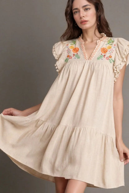 Floral Pom Pom Ruffle Sleeves Mini Dress -