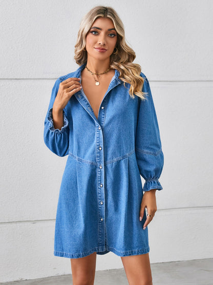 Button Up Flounce Sleeve Mini Denim Dress - Dusty Blue