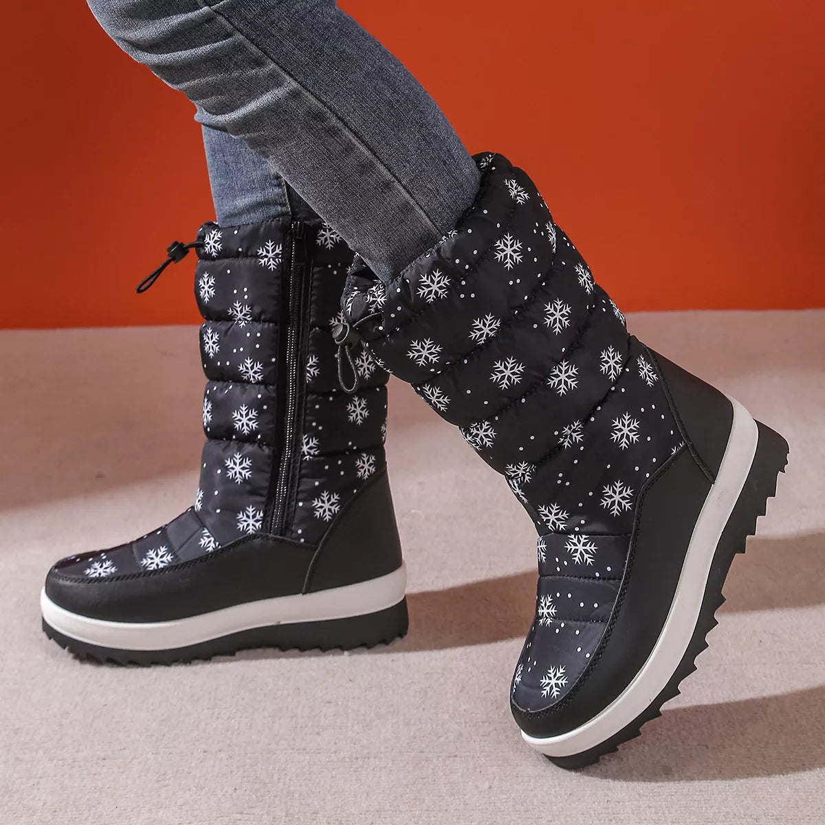 Snowflake Pattern Platform Winter Boots - Black