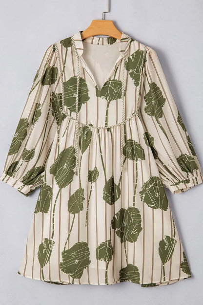 Printed Tie Neck Balloon Sleeve Dress -