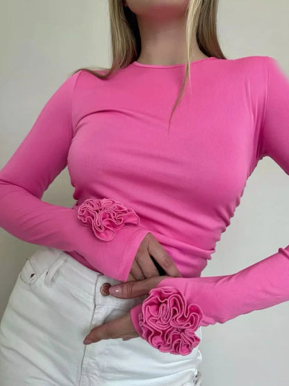 Flower Round Neck Long Sleeve T-Shirt - Hot Pink