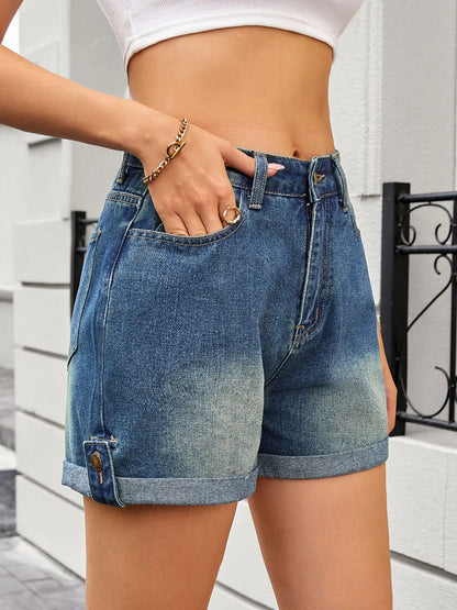 High Waist Rolled Hem Gradient Denim Shorts -