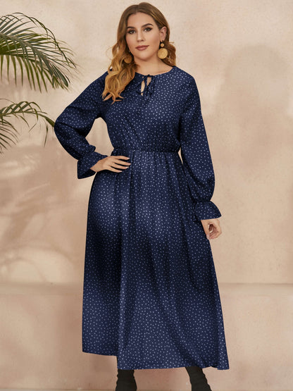 Plus Size Ruffled Polka Dot Long Sleeve Midi Dress - Navy