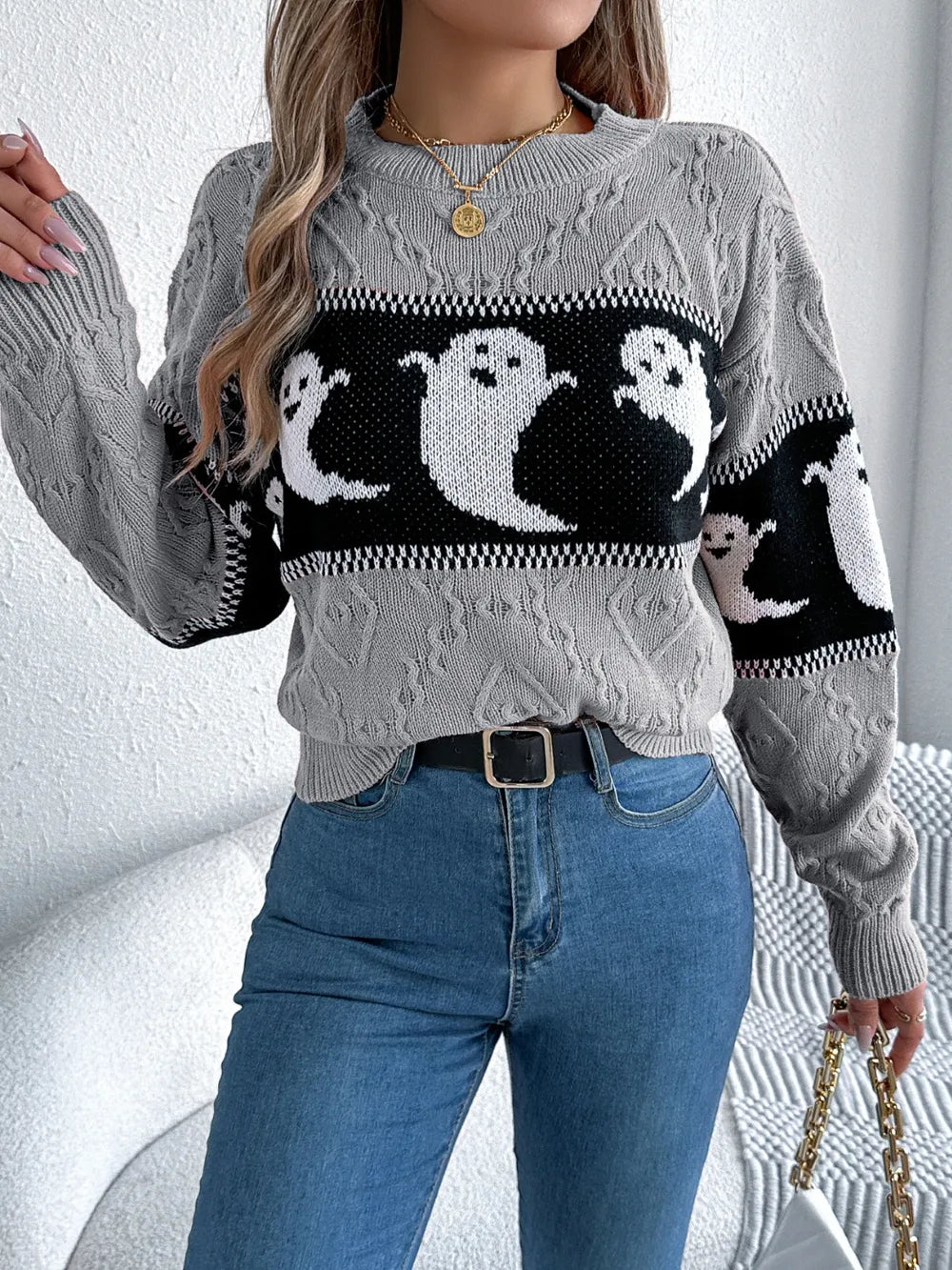 Ghost Round Neck Long Sleeve Sweater - Orange