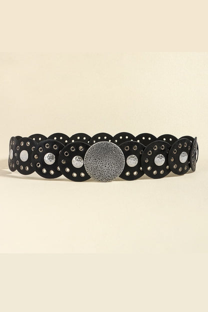Round Shape PU Leather Belt - Black Style A One Size