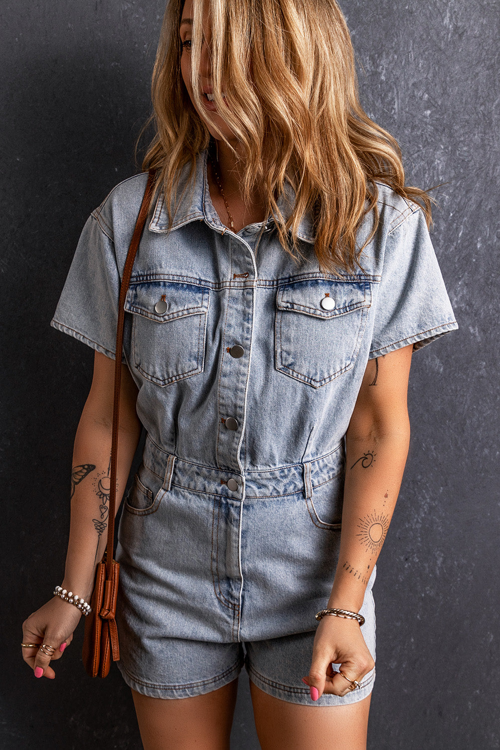 Collared Neck Short Sleeve Denim Romper - Light