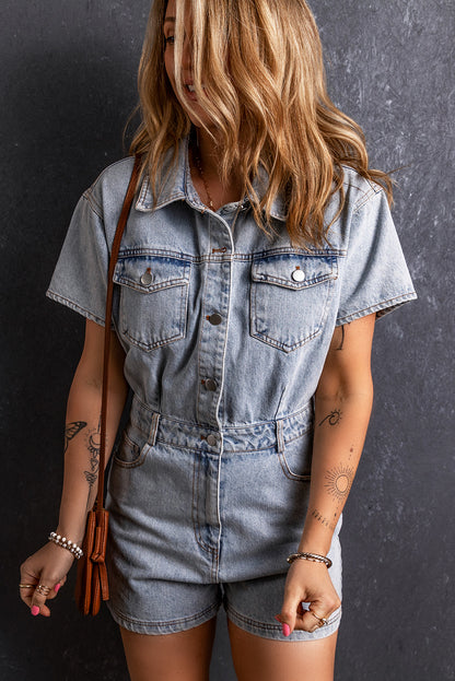 Collared Neck Short Sleeve Denim Romper