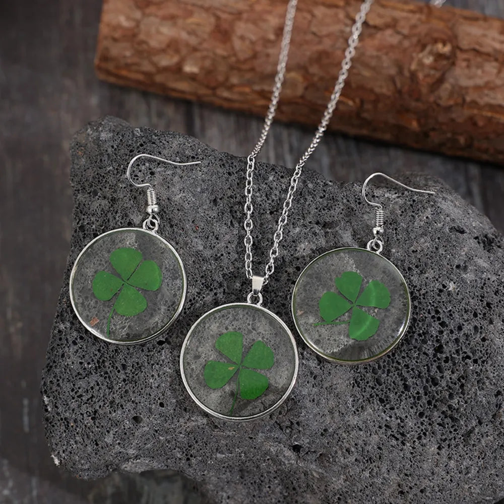 Lucky Clover Alloy Acrylic Earrings and Necklace Jewelry Set - Green One Size