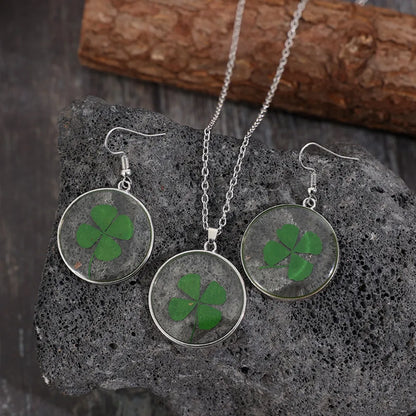 Lucky Clover Alloy Acrylic Earrings and Necklace Jewelry Set - Green One Size