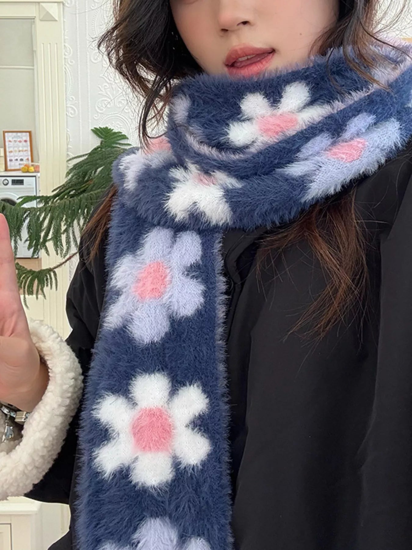 Floral Fuzzy Knit Scarf -