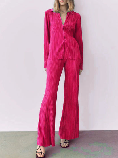Texture Long Sleeve Top and Pants Lounge Set - Rose Red