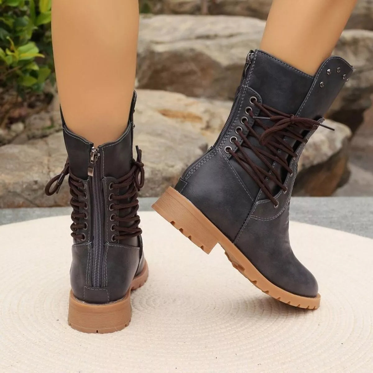 Studded Lace-Up Boots - Dark Gray