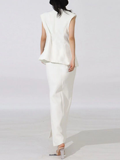 Flower Sleeveless Vest and Skirt Set - White