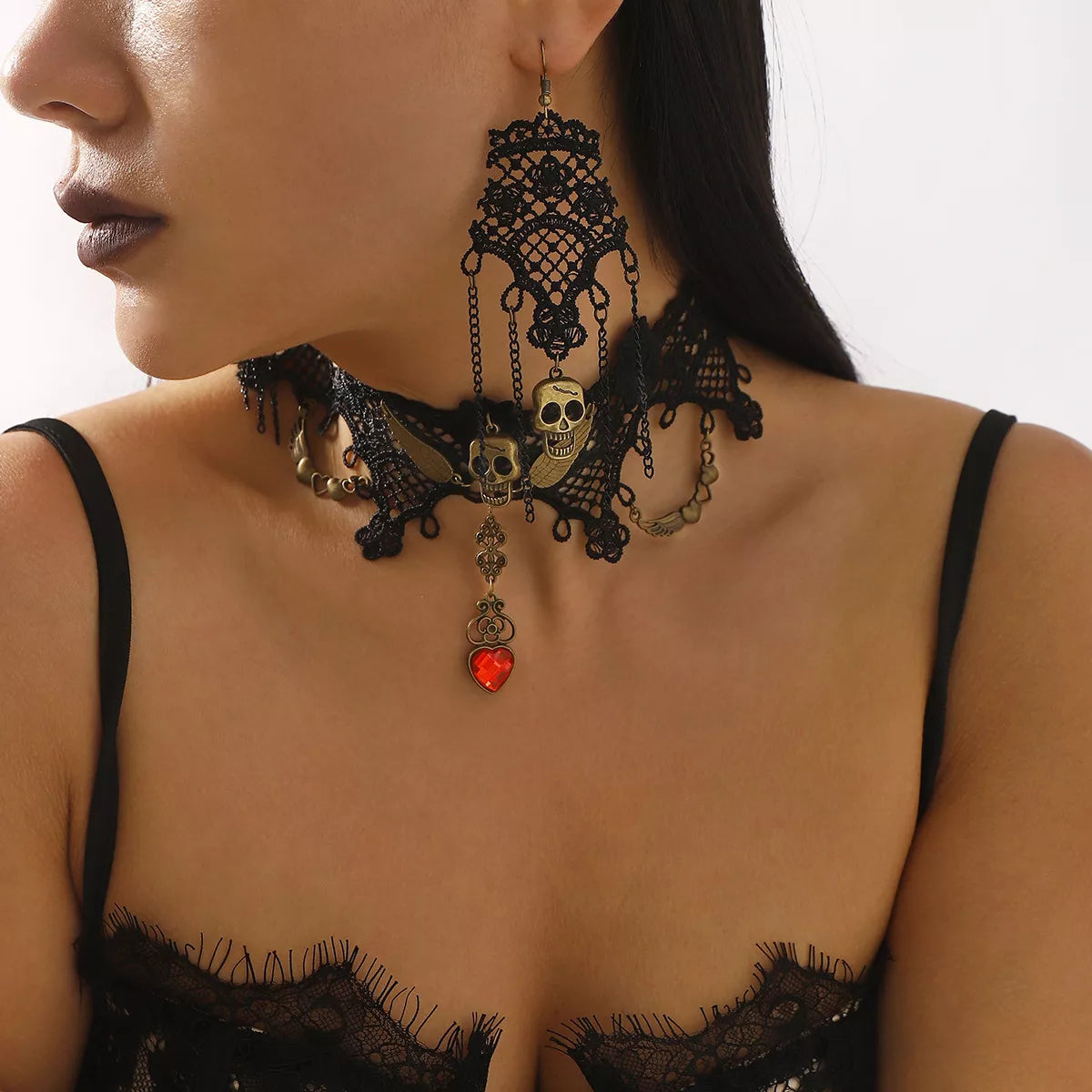 Lace Skull Necklace and Earrings Jewelry Set - Black One Size