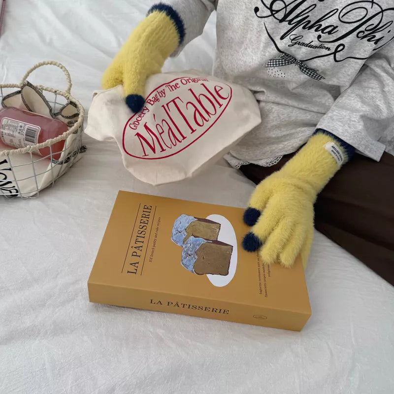Warm Plush Contrast Knitted Gloves - Yellow One Size
