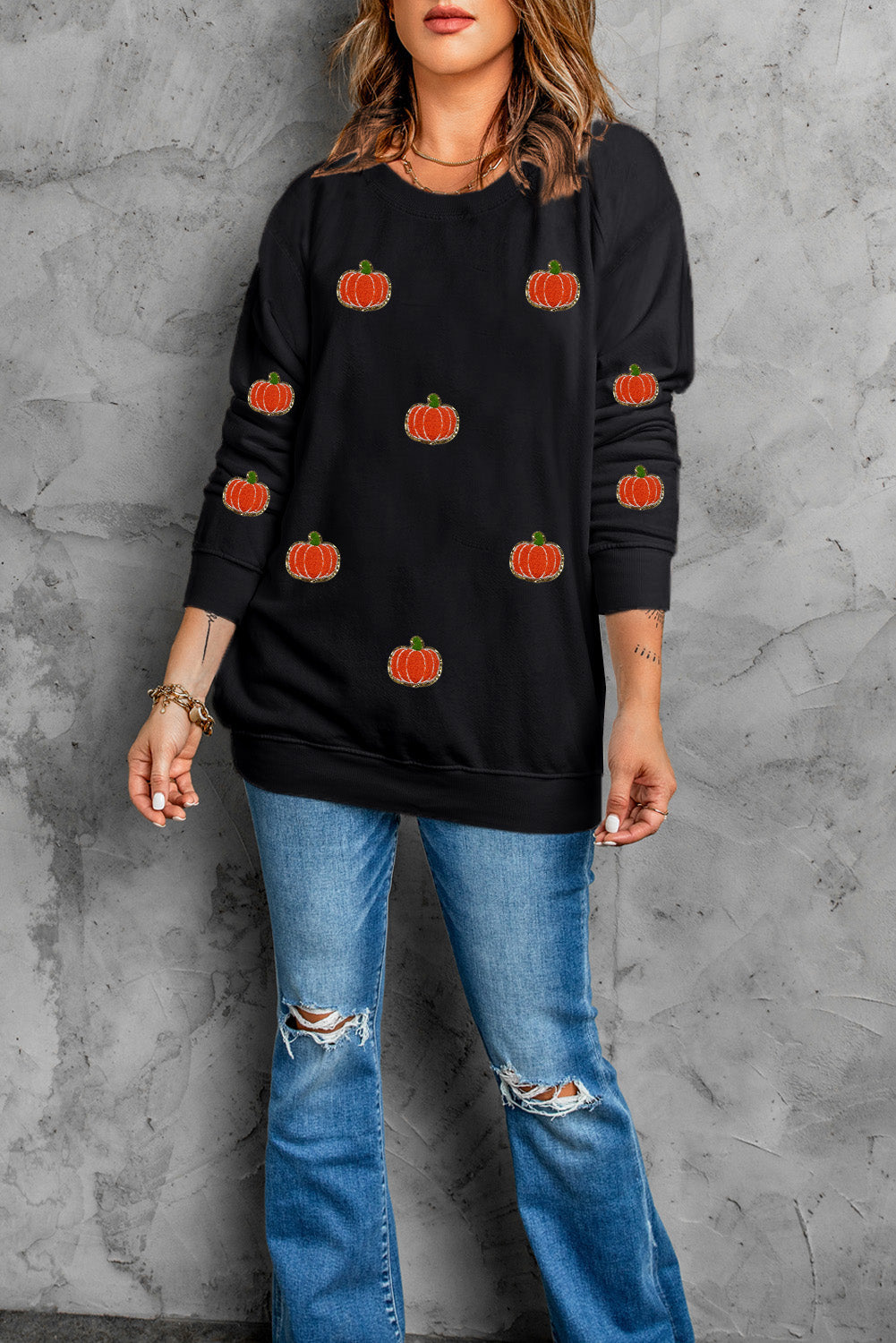 Pumpkin Round Neck Long Sleeve Sweatshirt - Black