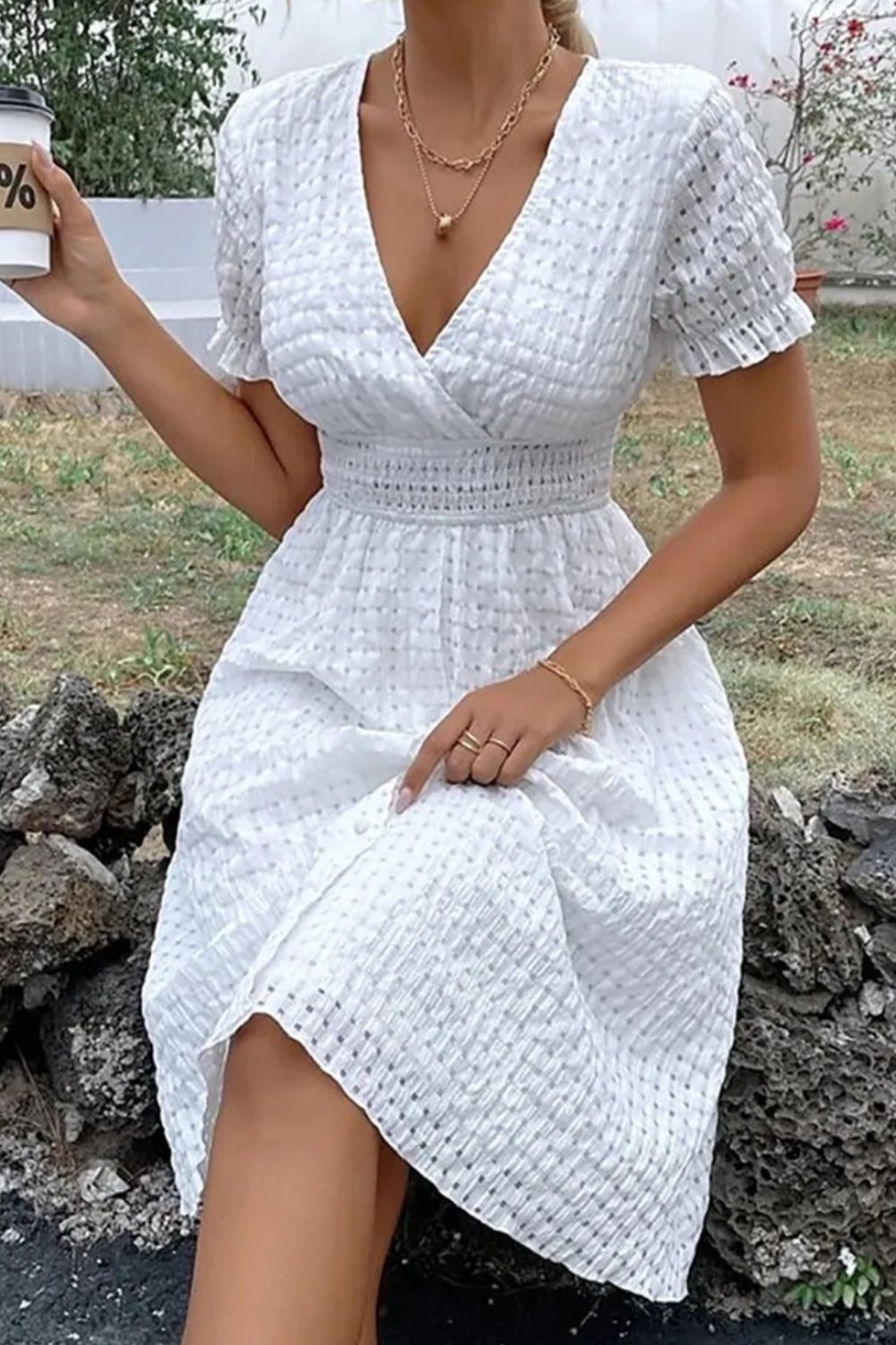 Textured Surplice Short Sleeve Dress - White